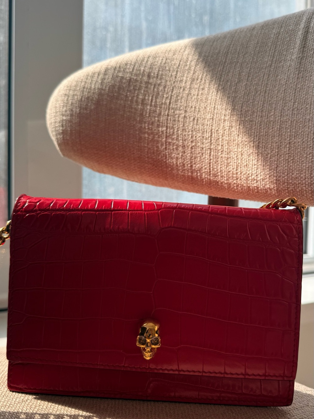 Alexander McQueen Red Croc-Embossed Shoulder Bag with Gold Skull Accent